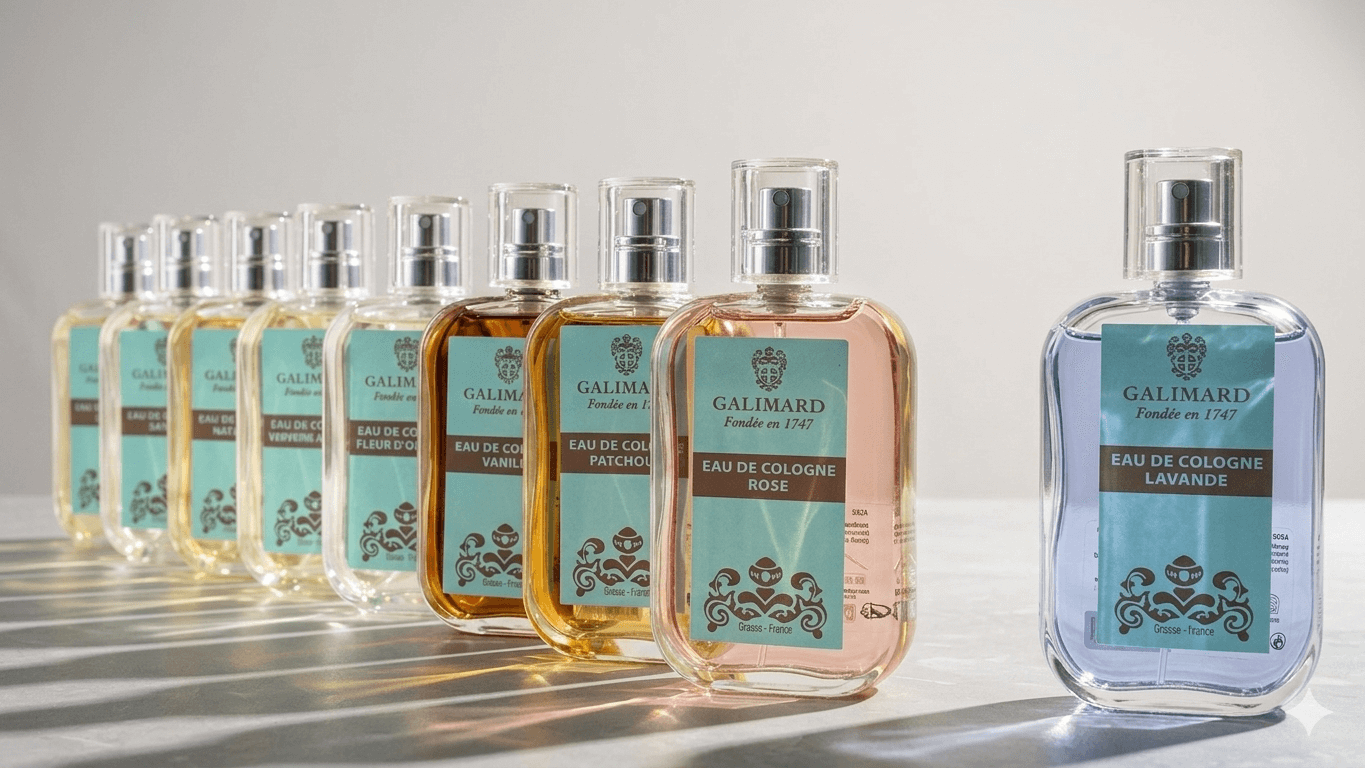 Alignement de flacons d'Eaux de Cologne Galimard, parfumerie fondée en 1747 à Grasse. Photographie présentant une gamme de fragrances aux reflets ambrés et floraux sur fond studio épuré.