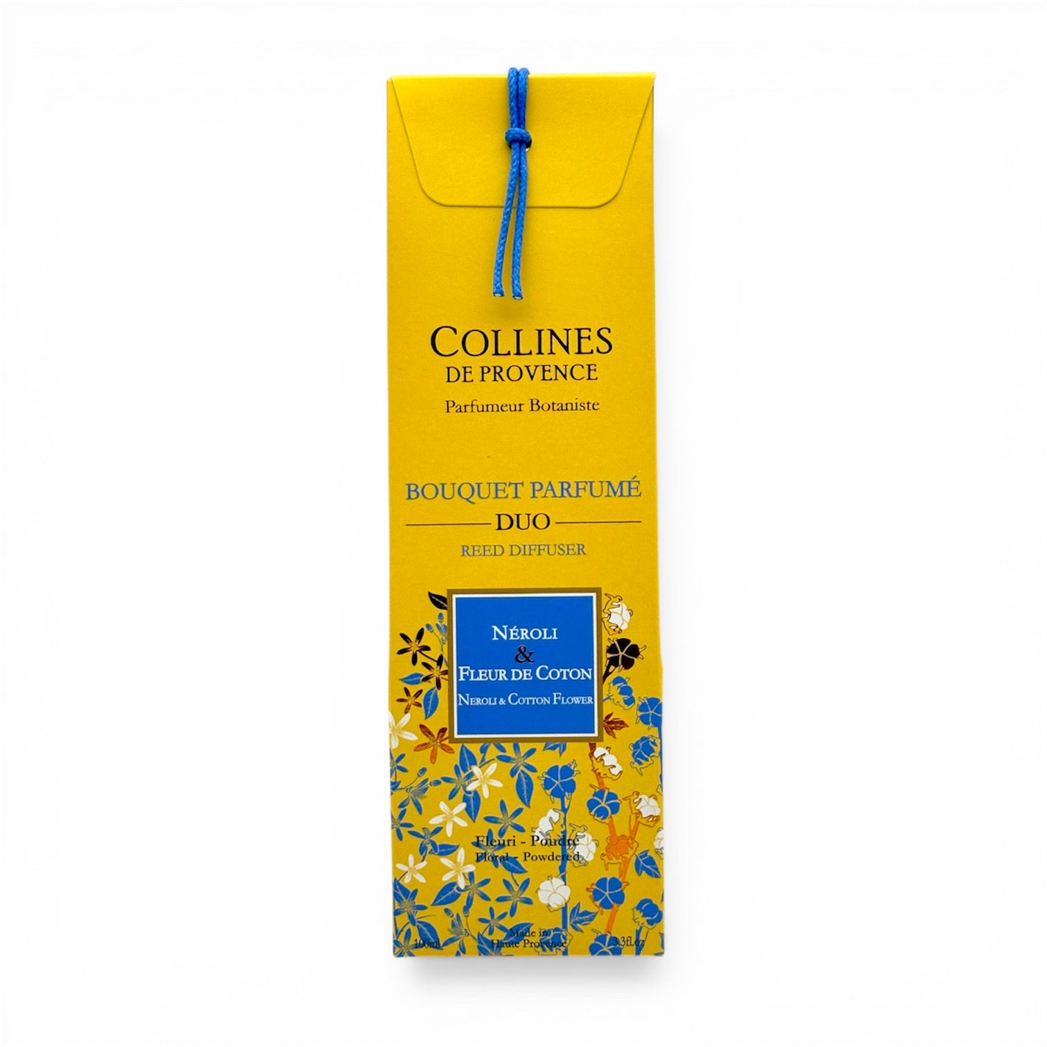 Bouquet parfumé Néroli et Fleur de Coton avec son packaging jaune et bleu