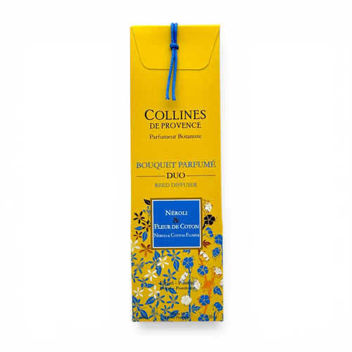Bouquet parfumé Néroli et Fleur de Coton avec son packaging jaune et bleu