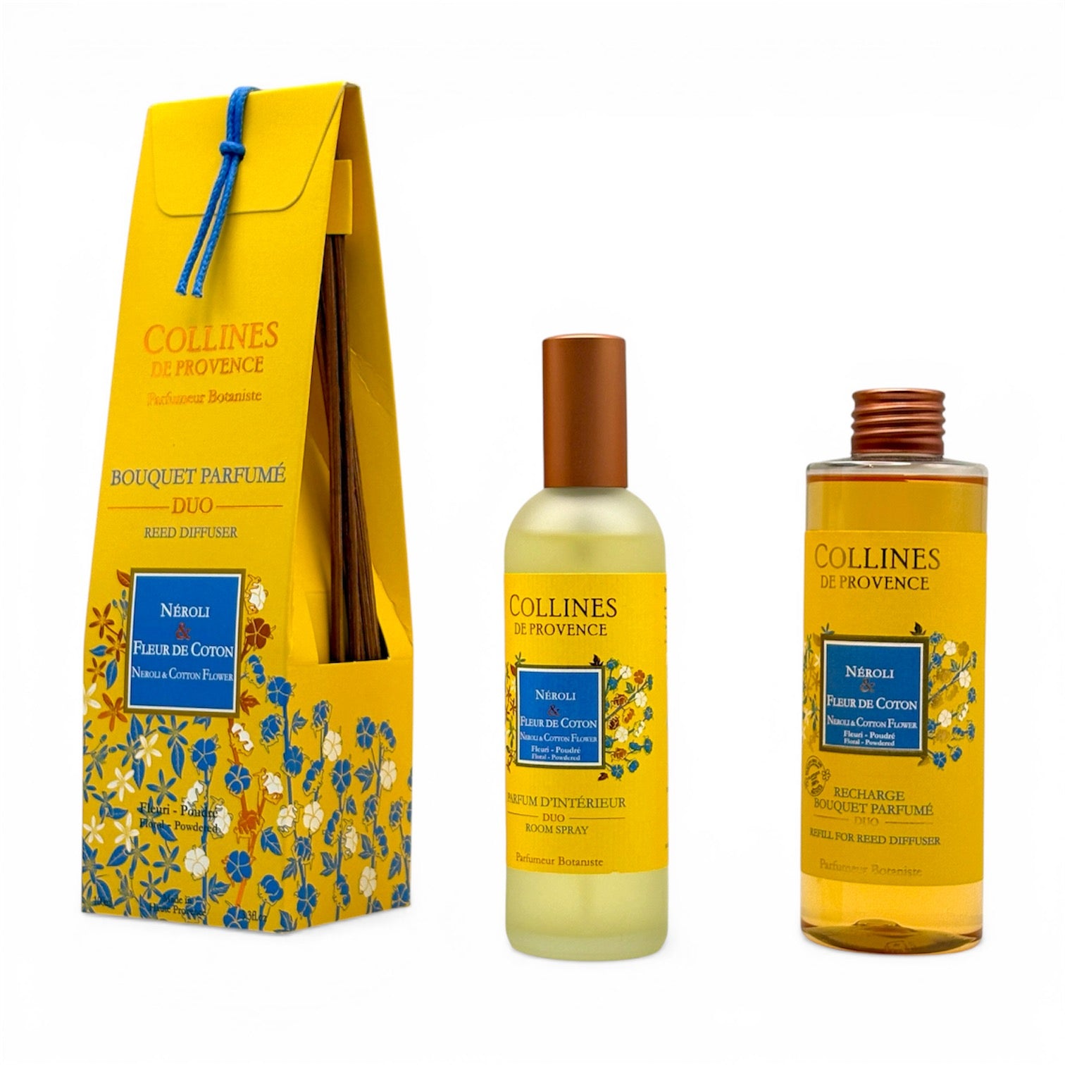 Gamme Néroli & Fleur de Coton avec bouquet parfumé, spray d'ambiance et recharge. 