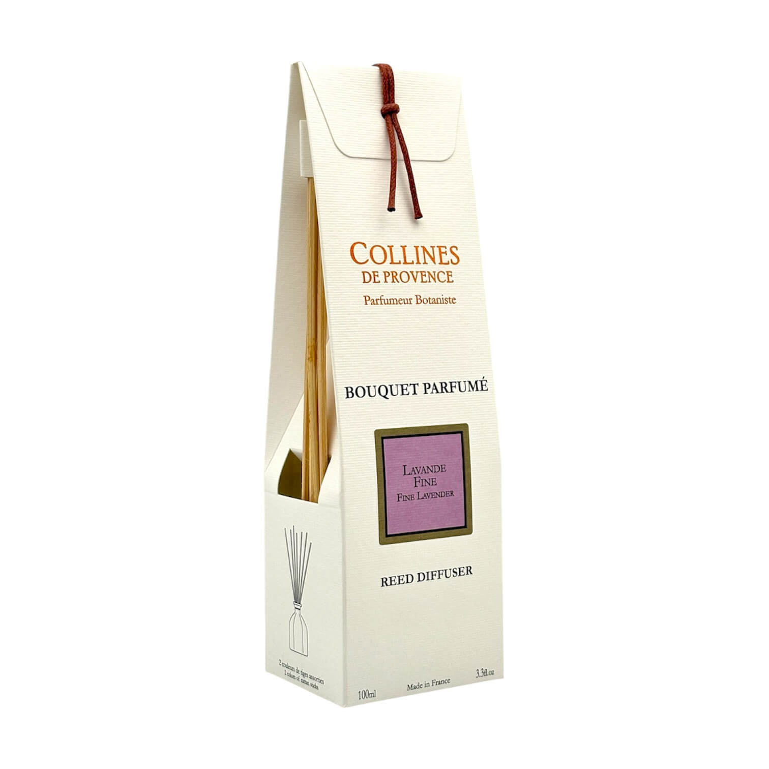 Bouquet parfumé à la lavande fine avec packaging blanc et violet et tiges de rotin.